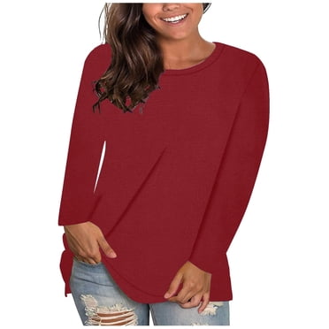 yoeyez Womens Tops Dressy Casual Plus Size Top for Women Long Sleeve Round Neck Tee Solid Color Trendy Fitted Tunic TShirts Spring Clothes Wine XL