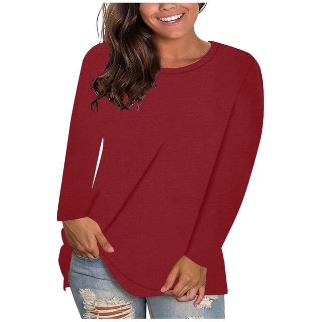 T-shirts à Manches Longues pour Femmes, Couleur Unie, Décontractés, Col Ras du Cou, Automne Hiver, T-Shirts Basiques