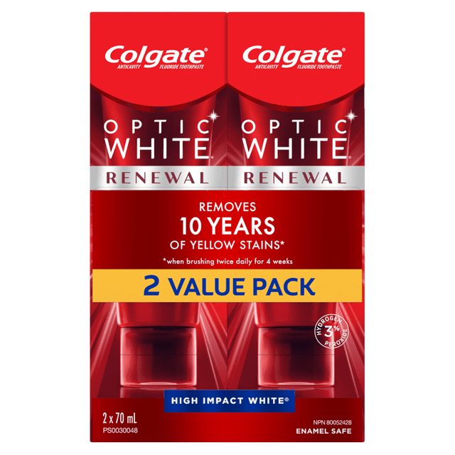 Colgate Optic White Renewal Toothpaste with 3% Hydrogen Peroxide, Value Pack, 2x70 mL