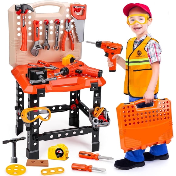 Kids Tools Workbench- Pretend Play Toys for Toddlers 2 3 4 Years Old with Electric Drill & Clothes, Boy & Girl Ages 2-4 Tool Box Set Learning Educational STEM Toy Power Construction Gifts for Kid 4-8