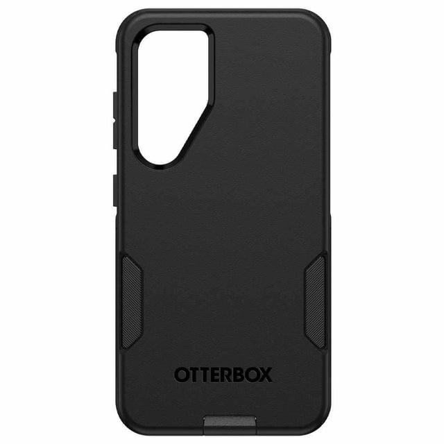 OtterBox Commuter Protective Case Galaxy S24 in black with a slim polycarbonate shell and synthetic rubber slipcover, featuring textured grip panels, precise cutouts for camera and buttons, and the OtterBox logo embossed on the back, ideal for superior drop defense and wireless charging compatibility.