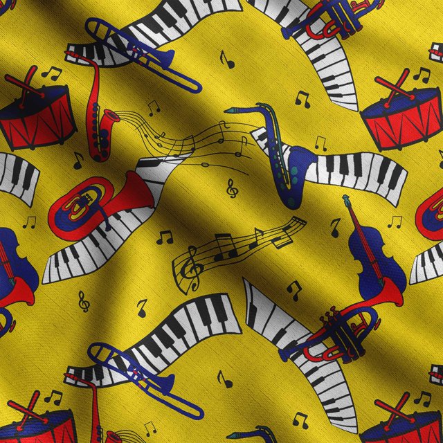 Soimoi Musical Instruments Print, Silk Fabric, Decor Sewing Fabric by The Yard 42 Inch Wide,Decorative Fabric for Shirts Suits Ties, White,Yellow & Red