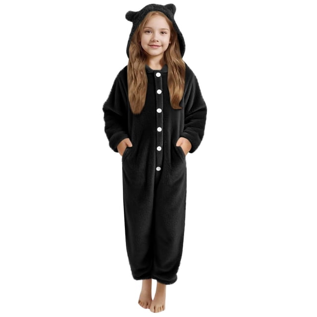 Pyjama d'Hiver pour Filles Combinaison à Capuche à Manches Longues pour Filles Pyjama Uni pour Chaleur Hivernale Décontractée Combinaison à Manches Longues