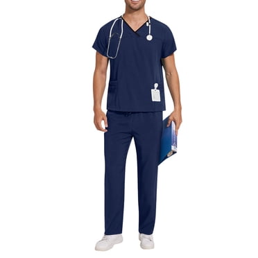 TIMIFIS Ensemble de Sarrau pour Hommes Uniforme Médical Haut et Pantalon de Sarrau Couleur Unie Quatre Saisons Coupe Confortable Ensemble de Sarrau avec Poches - Printemps/été
