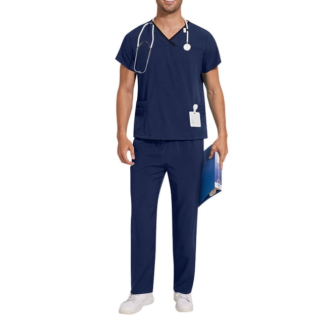 TIMIFIS Scrub for Men Set Medicals Uniform Scrub Top and Pants in solid navy blue color. The set includes a short-sleeved V-neck top with two front pockets and elastic waist pants, designed for comfort and functionality. Suitable for healthcare professionals such as doctors, nurses, and veterinarians. The model is shown wearing the scrub set with a stethoscope and holding a folder, emphasizing its professional use.