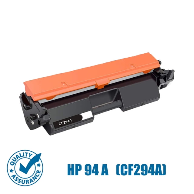 Printer Pro™ HP 94A (CF294A) black toner cartridge for HP LaserJet Pro M118dw, M148dw, and M149fdw printers. Designed for efficient printing with a standard page yield of 1,200 pages. The cartridge features an orange protective cover and black body labeled CF294A, ideal for printer toner replacement. Quality assurance badge displayed in the corner.