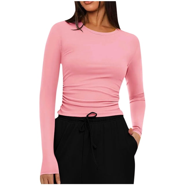 Timegard Womens Going out Tops Crewneck Ruched Long Sleeve Slim Tees Shirts Casual Comfy Blouse Tops