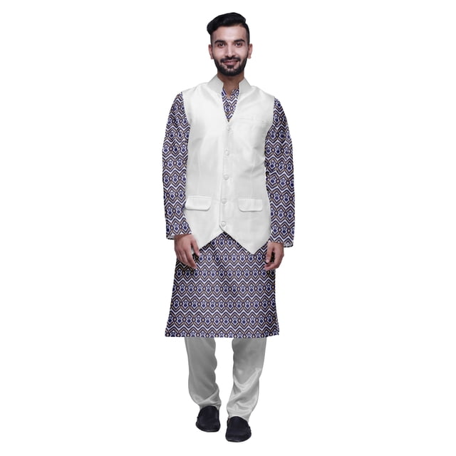 Atasi Kurta Pyjama pour Homme en Coton avec Veste, Ensemble Ethnique Mandarin Indien