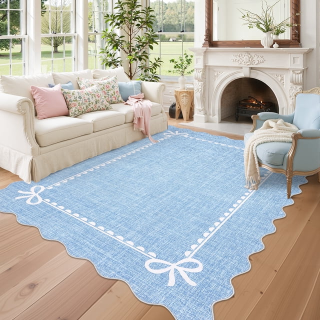 GlowSol 8'x10' Scalloped Bow Border Area Rug, Modern Solid Washable Rug with Non Slip TPR Backing, Stain Resistant Low Pile Indoor Carpet Mat for Bedroom Hallway Nursery Decor, Blue