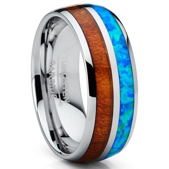 Men's Tungsten Carbide Wedding Band Ring Blue Opal Real Koa Wood Inlay Comfort-Fit 8MM