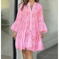 thumbnail image 1 of Jienlioq Robe Femme Liquidation Mode Femme Col en V Uni Broderie Patchwork Dentelle Bouton Robe Manches Longues, 1 of 7