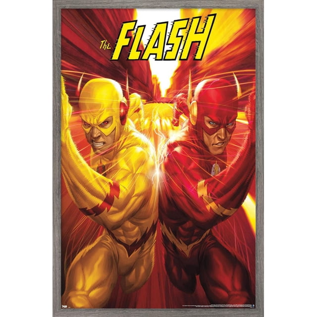 DC Comics - The Flash and The Reverse Flash - Affiche Murale de Course Mettant en Vedette The Flash en Rouge et le Reverse Flash en Jaune, Course Côte à Côte avec Effets de Foudre entre les Deux, sur Fond de Paysage Urbain Flouté avec Texte Jaune Audacieux « The Flash' » en Haut, Imprimée sur Papier d'Affiche Lustré dans un Cadre en Bois Gris, Convient à la Décoration Murale de Chambre Ou de Bureau.