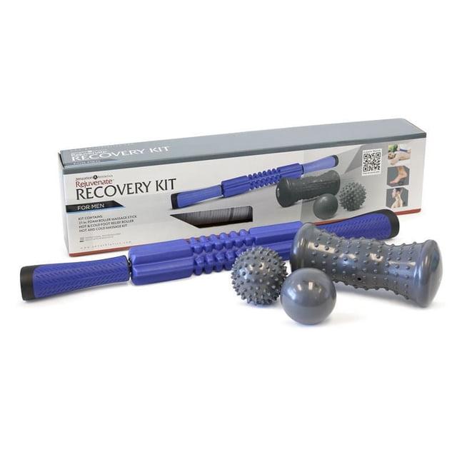 Zenzation Trousse de Récupération pour Hommes avec un Bâton de massage à Rouleau en Mousse Bleu de 21 Pouces, Doté de Poignées Ergonomiques et de Mousse EVA Haute Densité, un Rouleau de Soulagement des Pieds Gris à Picots pour le Chaud et le Froid, une Balle de massage Grise à Picots et une Balle de massage Grise Lisse, Conçue pour Soulager la tension Musculaire et Améliorer la circulation, Affichée à Côté de la Boîte de Produit avec des images d'Utilisation.