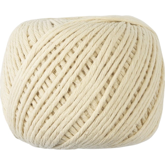 Mainstays Twine, a close-up of a tightly wound ball of 100% natural cotton twine in off-white, ideal for kitchen tasks like trussing poultry and securing roasts, featuring a durable texture and 300-foot length suitable for various culinary uses.