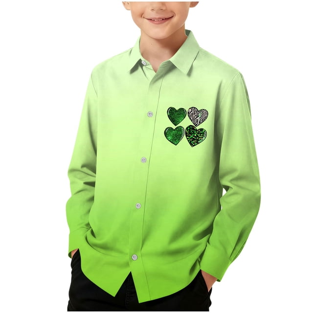 RXMEKW Chemise à Manches Longues Imprimée de la Saint-Patrick pour Garçons avec Col Rabattu, 95 % Coton 5 % Élasthanne, Vert