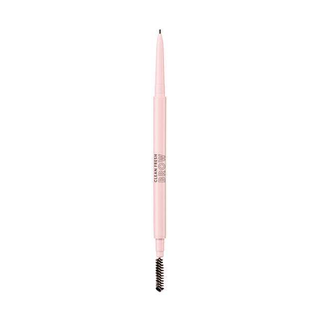 Clean Fresh Brow Nano Eyebrow Pencil with a slim light pink barrel, featuring a 1mm ultra-precise tip and a black built-in spoolie brush, providing waterproof, smudge-proof, transfer-resistant coverage with a clean vegan formula for natural, defined brows.