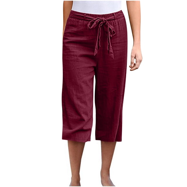 Dealovy Pantalon Capri pour Femmes Coton Lin Grande Taille Taille à Cordon Léger Court