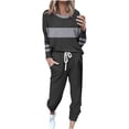 thumbnail image 1 of Posijego Ensemble Femme 2 Pcs Tenue Rayée Décontractée Manches Longues Col Ras du Cou Hauts Pantalons à Cordon Ensembles Détente P-5TG, 1 of 5