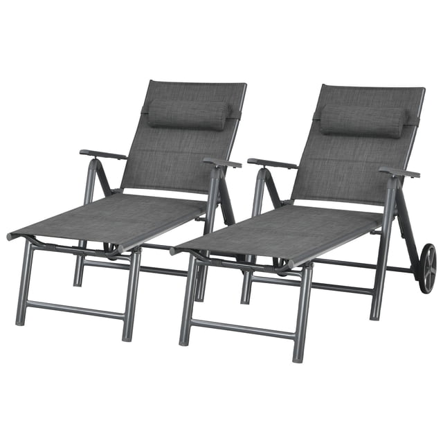 Patiojoy 2 Pcs Chaise Longue de Patio Chaise d'Extérieur Inclinable avec Coussin de Cou et Roues Gris