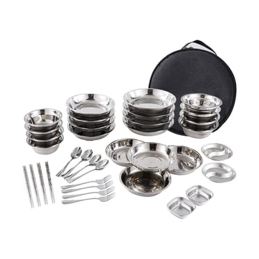 Assiettes et Bols en Acier Inoxydable Ensemble de Vaisselle de Camping Ustensiles de Camping Légers 36 Pcs