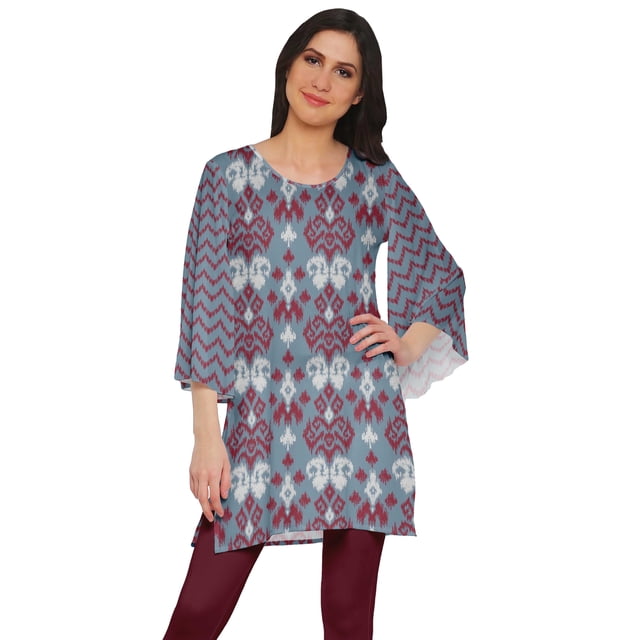 Moomaya Printed Indian Short Kurti Dress Poly Crepe Tunic Round Neck Mini Dress