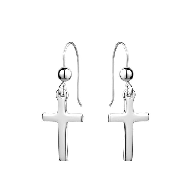 Charisma Boucles d'Oreilles Pendantes en Argent Sterling avec Pendantes Polies en Forme de Croix et Dos en Crochet, avec une Finition Anti-Ternissement, Conçues pour les Bijoux pour Enfants, Présentées Orientées vers l'Avant sur Fond Blanc.