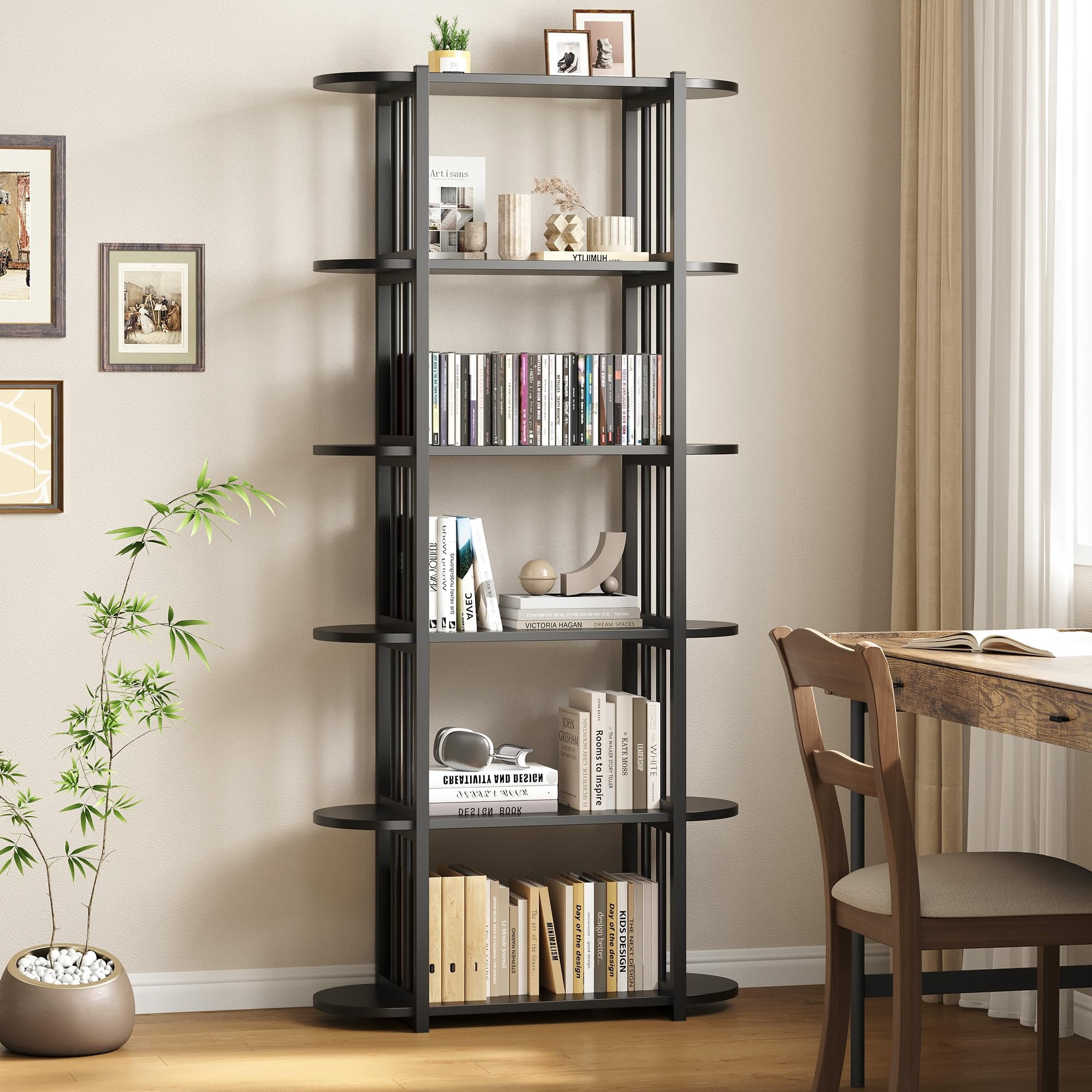 6 Tier Wooden Bookshelf, 71 Inches Industrial Tall Book Shelf, Metal Frame Large Open Bookcase, Freestanding Wooden Bookshelf Storage Rack for Bedroom, Living Room, Home Office