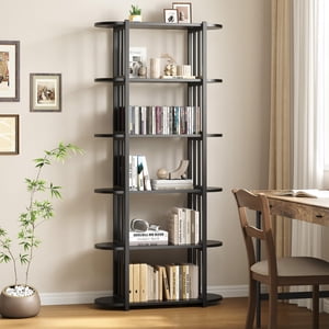 6 Bibliothèque en bois de niveau, 71 Inches Plateau de livre industriel Tall, Cadre en métal Grande bibliothèque ouverte, Bibliothèque en bois autoportante Sac de rangement pour chambre, salon, bureau à la maison