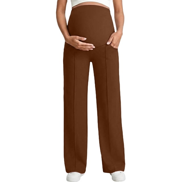 ’S Winter Maternity Straight Leg Pants – High Waist Over Bump High Stretch & Breathable Plus Size Pants Coffee M