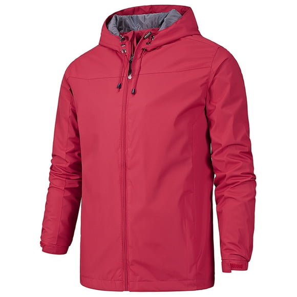 Fashnice Mens Windbreaker Full Zip Outwear Solid Color Hooded Jacket Lightweight Sport Rain Jackets Red 2XL