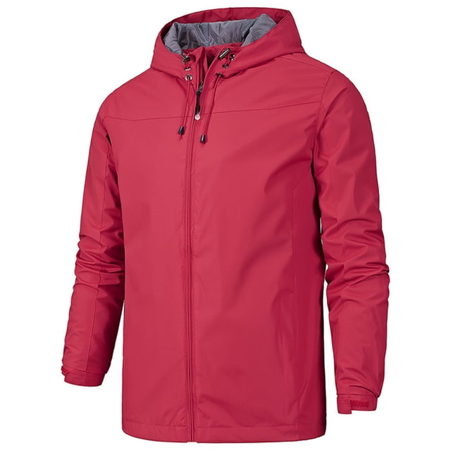 Fashnice Coupe-Vent pour Homme à Fermeture Éclair Complète, Manteau à Capuche Uni en Rouge, Taille 2TG. Léger, Coupe-Vent et Résistant à l'Eau avec Manches Longues, Coupe Longueur Hanches et Capuche Ajustable avec Cordons de Serrage. Fait de 100 % polyester, Idéal pour les Tenues Décontractées, les Activités de Plein Air et les sports.