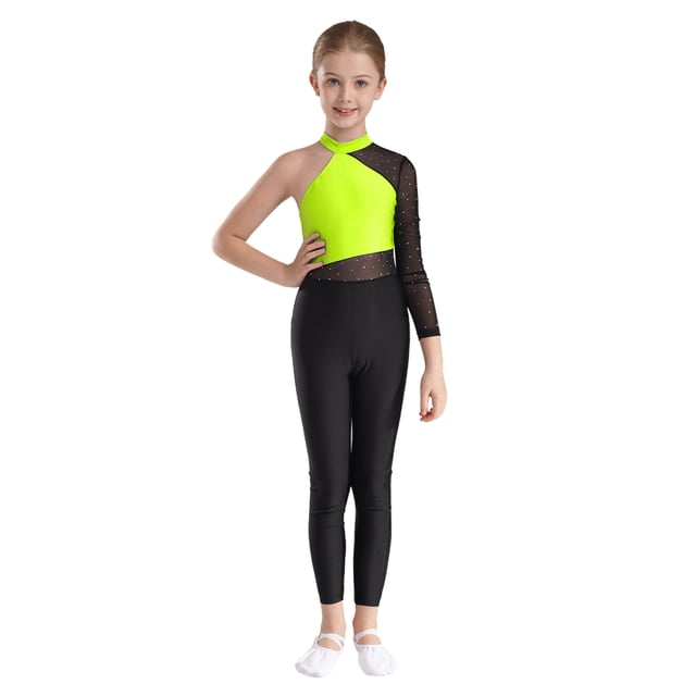 RUNQHUI Leotard Gymnastic for Girls One Piece Color Block Ballet Dance Jumpsuit Tumbling Skating Fluorescent Yellow 10