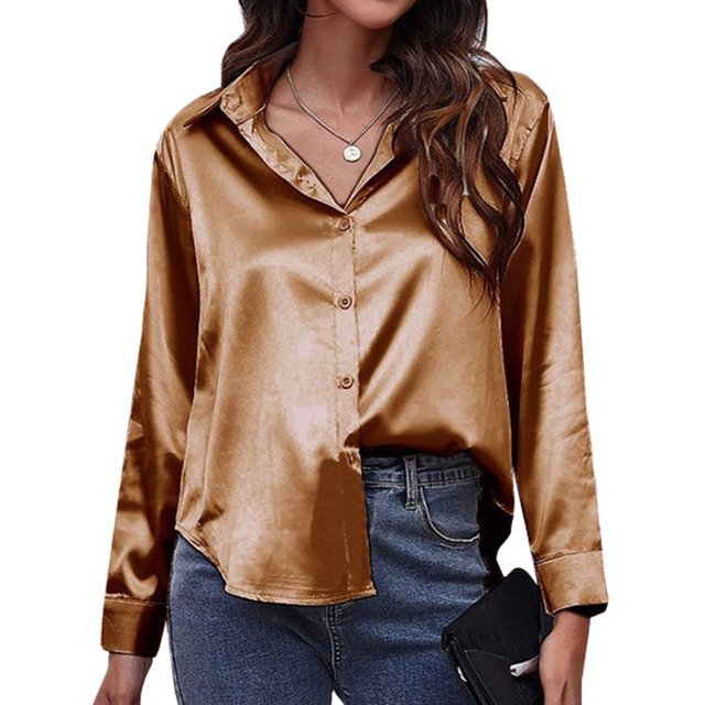 Innerwin Tops Lapel Neck Women Shirts Work Button Down Single Breasted Blouse Brown L