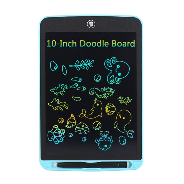 10-Inch Color Electronic Doodle Board Writing Graphic Tablet by Moustache, featuring a pressure-sensitive high-definition LCD screen with vibrant colored lines. The board includes a plastic stylus for a paper-like writing experience, a screen lock button to prevent accidental erasure, and a one-touch delete button. Powered by a replaceable 3V coin battery (CR2025) with a 365-day lifespan, it is safe for children with no radiation. Suitable for studying, planning, sketching, and designing at home, school, or office. The board is shown in blue with colorful sea-themed doodles on the screen.