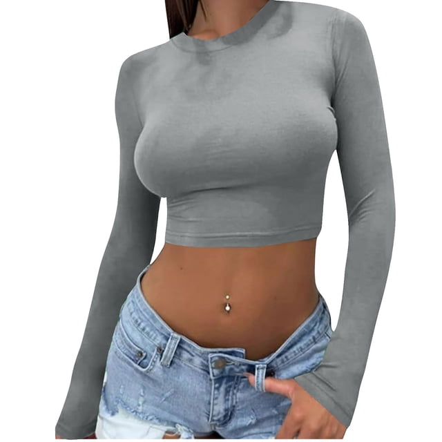 Yuyuzo Hauts de Sortie pour Femmes Chandails à Manches Longues Col Rond Crop Top Décontracté Ajusté T-Shirts Basiques