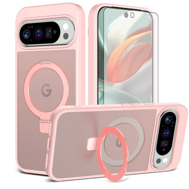Asuwish Phone Case for Google Pixel 9 Pro XL/10 Pro XL Tempered Glass Screen Protector Magnetic Bracket stand Translucent Shockproof Protective Cell Cover Pixel9ProXL Pixel10ProXL Nine Women Men Pink