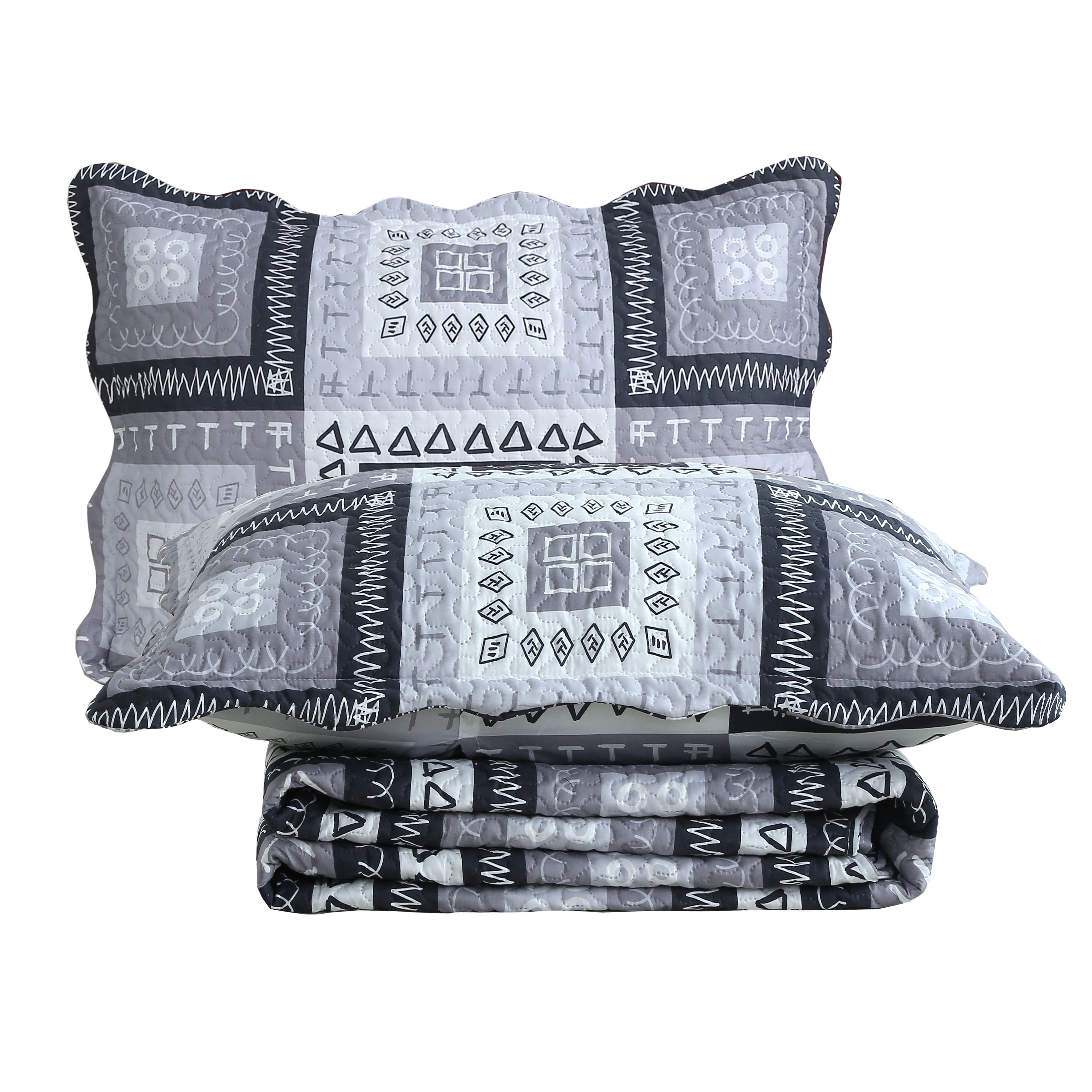 Marina Decoration Home Bedroom Pinsonic Bedding Coverlet Bedspread Ultra Soft 3 Piece Summer Embossed Printed Quilt Set with 2 Shams, Modern Grey Patchwork Geometric Pattern King