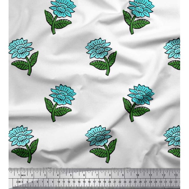 Soimoi Moss Georgette Fabric Leaves & Floral Block Printed Fabric 1 Yard 42 Inch Wide