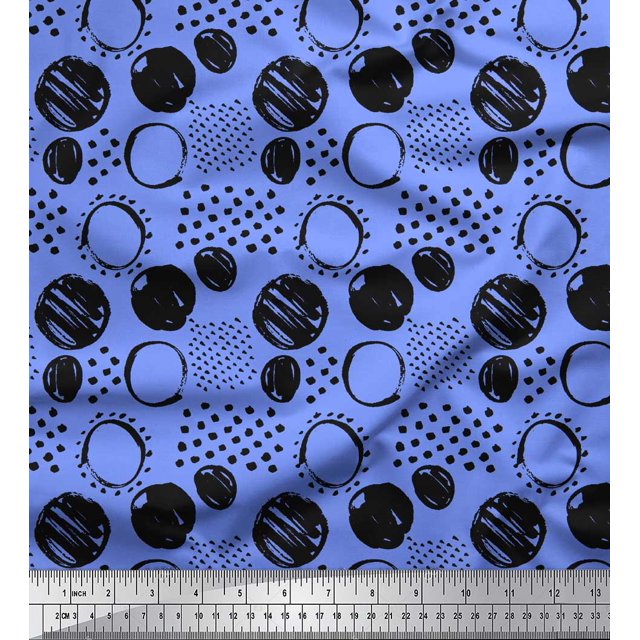 Soimoi Blue Silk Fabric Dots & Circle Geometric Printed Fabric 1 Yard 42 Inch Wide