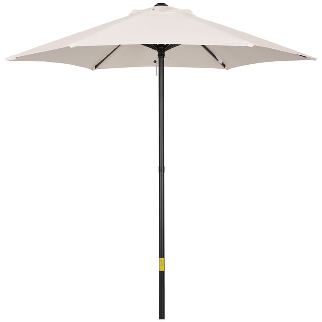 Outsunny Parasol de Patio 6,6 Pi, Parasol d'Extérieur avec 6 Baleines, Blanc Crème. Ce Parasol d'Extérieur Présente une Auvent en polyester Blanc Crème Soutenu par six Baleines en Aluminium pour une Stabilité Accrue. le Parasol a un Mécanisme à Ouverture par Pression avec une Tige en Métal pour un Verrouillage Sécurisé. Sa Conception Légère et Détachable le Rend portable et Convient aux patios, Jardins et Espaces Extérieurs. le Parasol Mesure 77,2 Pouces de Diamètre et 80,3 Pouces de Hauteur, avec un Diamètre de Poteau de 1,3 Pouces. Note : la Base N'