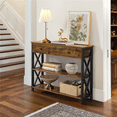 thumbnail image 1 of Fullfurnique Vintage Wooden Console Table with 1 Drawer and 2 Open Shelves, Rustic Brown, 1 of 7