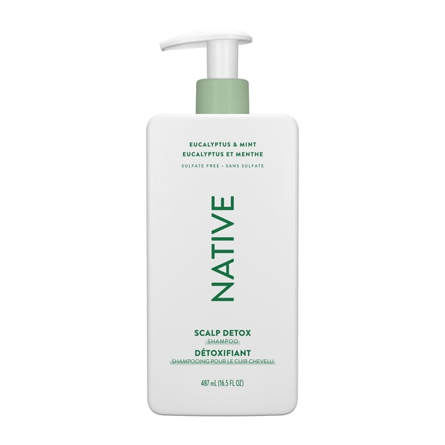 NATIVE HAIR EUCALYPTUS & MINT SCALP DETOX SHAMPOO 487 mL in a white rectangular bottle with a green pump dispenser, featuring bilingual English and French text and sulfate-free formula for scalp detox treatment.