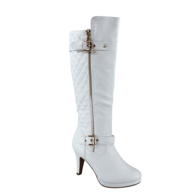 Bottes à Talons Hauts à Fermeture Éclair à Bout Rond Décontractées pour Femmes Dames Mode (Blanc, 7)
