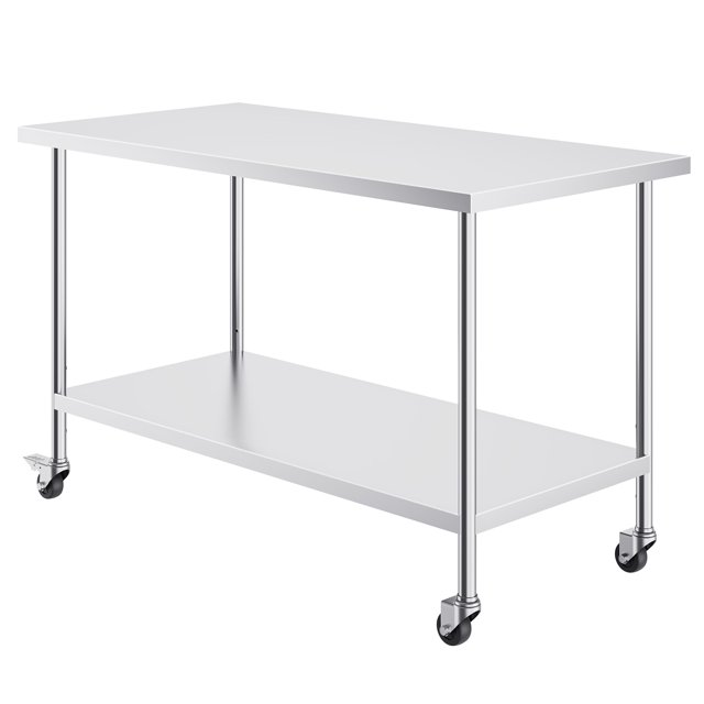 KFFKFF Silver Commercial Kitchen Workstation, 30 x 60 x 38 Inch, Stainless Steel, Equipped with 4 Casters, 3 Height Settings, Robust Food Preparation Table for Restaurant Use