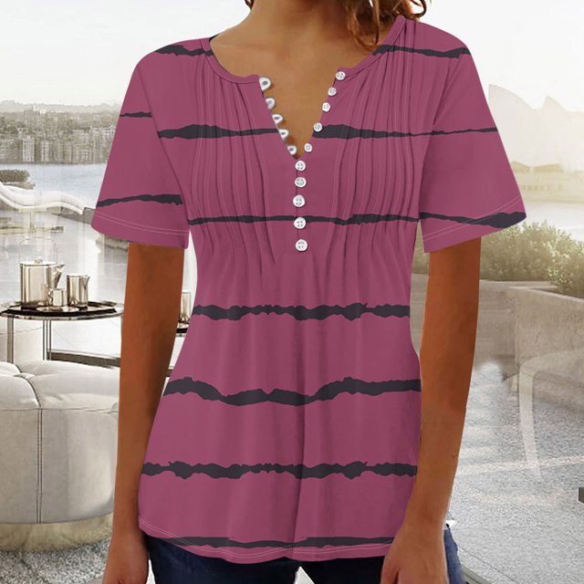 Blouses for Women Womens Printed V-neck Button Up Short Seeved Top