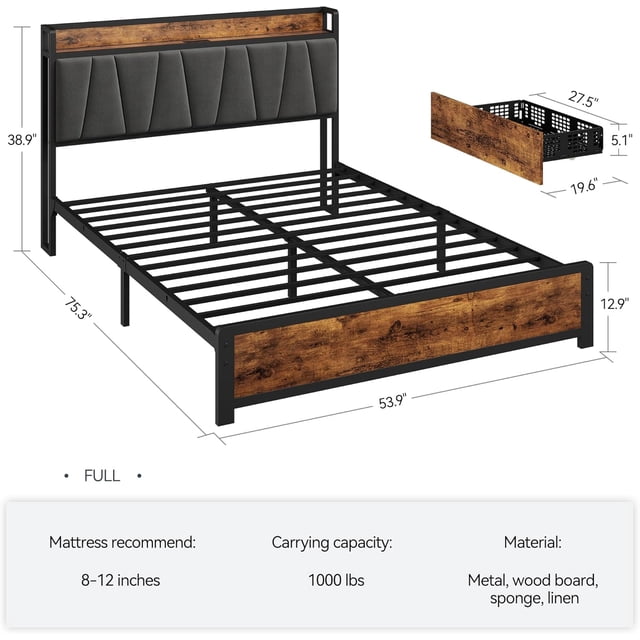 Ourlova King Bed Frame with Integrated Storage Headboard Charging Station and Drawers Noise Free Sturdy Platform No Box Spring Needed