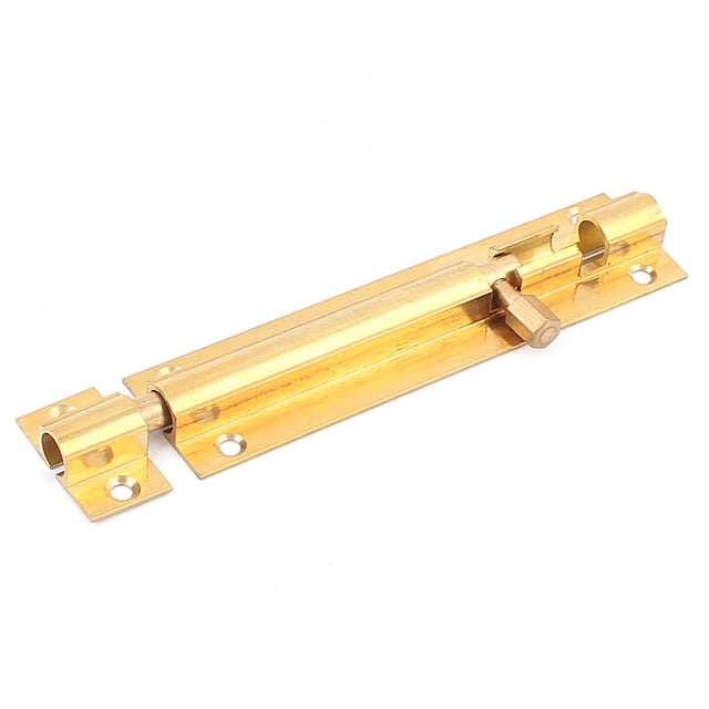 Unique Bargains 4' Long Brass Door Security Latch Sliding Lock Barrel Bolt in gold tone, featuring a durable brass construction. Designed for securing doors, sheds, gates, and cabinets, it mounts easily with surface strike installation. Dimensions include 4 inches in length, 1 inch in width, and 0.4 inches in thickness, with a total length of 4.5 inches. Includes mounting holes with a diameter of 4mm and hole distances of 19mm and 18 x 86mm.