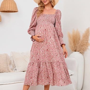 Hinvhai Robe Maxi à Fleurs pour Femmes à Encolure Carrée Liquidation Manches Bouffantes Fluide Maternité Ligne A Robe Portefeuille Baby Shower Robe de Maternité Rose 12(TTG)
