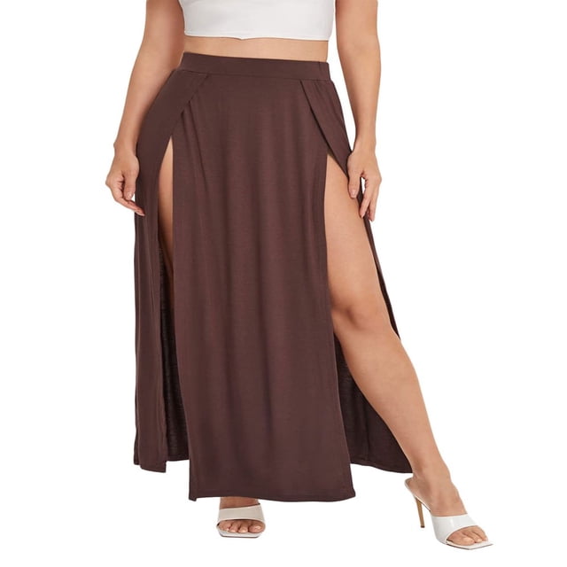 Womens Plus Size High Waist Waisted Double Split Long Maxi Skirts Beach Party Skirts