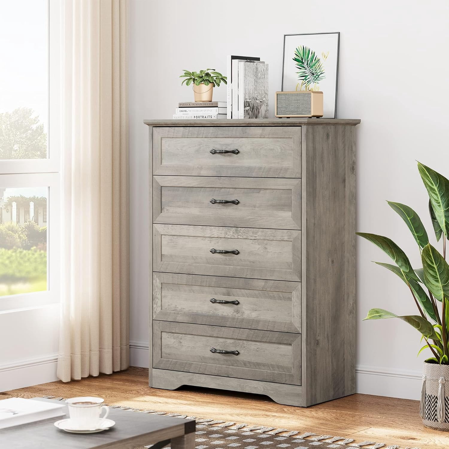 Twister.CK 5 Drawers Dresser for Bedroom, Chest of Drawers with Wide Metal Handle, Modern Wooden Storage Organizer Dresser for Bedroom Living Room, Grey